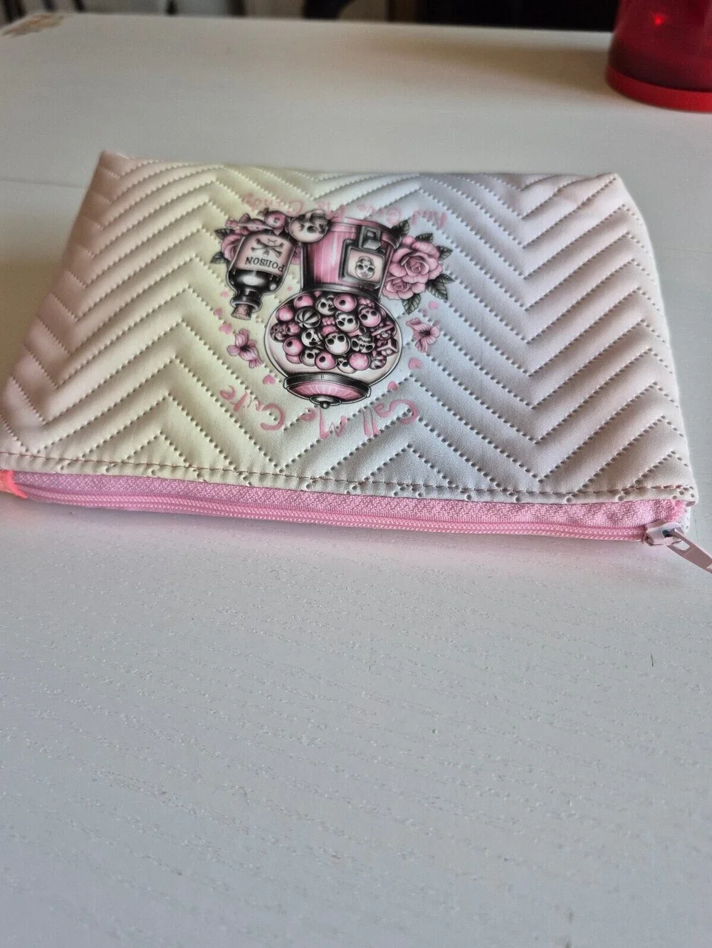 ombre rainbow skull candy & gumballs Cosmetic Pouch, pink zipper, handcrafted